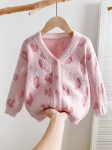 SHEIN 女童少女秋冬復古休閒豹紋V領開襟羊毛衫 節慶萬聖節返校穿搭 - 淺粉色 - 查看 5