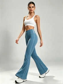 Easithlete Women's Striped Colorblock High Waist Flared Leg Yoga Pants - Dusty Blue - View 3