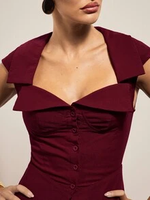 Hauture Women's Sexy Casual Office Solid Color Corset Bustier Collared Sleeveless Top - Burgundy - View 6