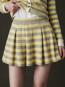 Elnivra Women's Letter Embroidered Striped Long Sleeve Single-Breasted Top And Pleated Skirt Casual 2 Pieces Set - Yellow - View 4