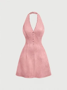 SHEIN MOD 女款甜美蕾絲拼接鈕扣掛脖洋裝 - 粉色 - 查看 2