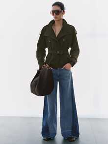 MOTF PREMIUM FRENCH MINIMALIST STAND COLLAR SHORT FITTED WAIST TRENCH COAT JACKET - Army Green - View 9