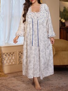 PalaceNights Vintage Floral Print Embroidered Patchwork Plus Size Robe + Camisole Nightgown 2 Pieces Set, Comfortable Loungewear - Multicolor - View 6