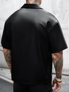 SLATEMANN 男士大尺碼黑色PU成熟休閒短袖襯衫 - 黑色 - 查看 2