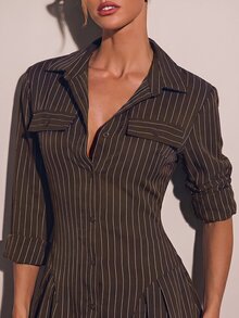 COSMINA 女款優雅鈕扣長袖條紋洋裝，適合辦公室穿著 - 摩卡棕 - 查看 4