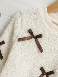 Young Girl Fall Winter Fuzzy Fleece Bow Sweatshirt & Skirt 2pcs Set - White - View 7