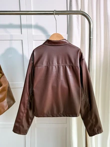 SHEIN 青少年女孩夾克，春季街頭風街頭服飾，寬鬆嬉皮運動休閒基礎舒適拉鍊棕色修身短版長袖外套工作穿搭 - 棕色 - 查看 2