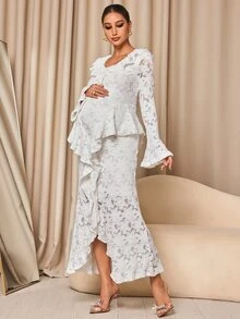 MaterniChic Maternity Lotus Collar Flare Sleeve Split Hem Elegant Dress - White - View 4