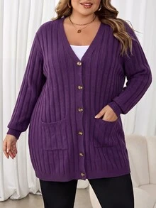SHEIN CURVE+ 大尺碼女款純色休閒寬鬆百搭日常開襟衫 秋冬辦公居家穿搭 紫色 - 紫色 - 查看 5
