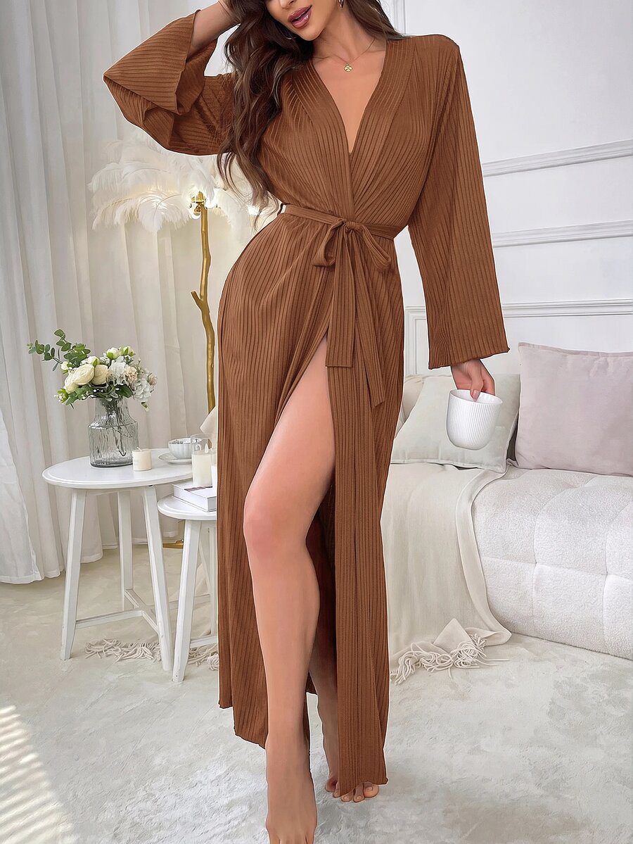 SHEIN 女款純色長袖重疊設計腰帶舒適居家休閒晨袍 - 咖啡棕 - 查看 1