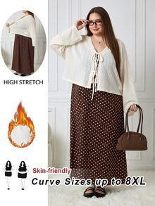 SHEIN CURVE+ Plus Size Women Solid Color Front Tie Long Sleeve Top And Polka Dot Pattern Dress Casual 2 Pieces Set - Multicolor - View 1
