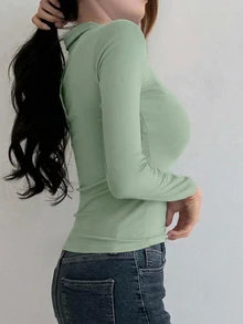 DAZY 女款純色抓皺修身百搭日常長袖T恤 - 綠色 - 查看 3