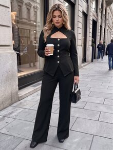 Vionelle Plus Size Knitted High Neck Triangle Collar Long Sleeve Cinched Waist A-Line Split Pants Straight Leg Casual Versatile Commute Office Suit Set - Black - View 6