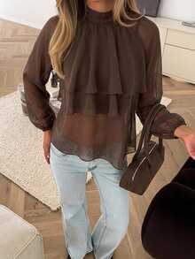 Serisse Women's High Neck Ruffle Long Sleeve Blouse - White - View 4