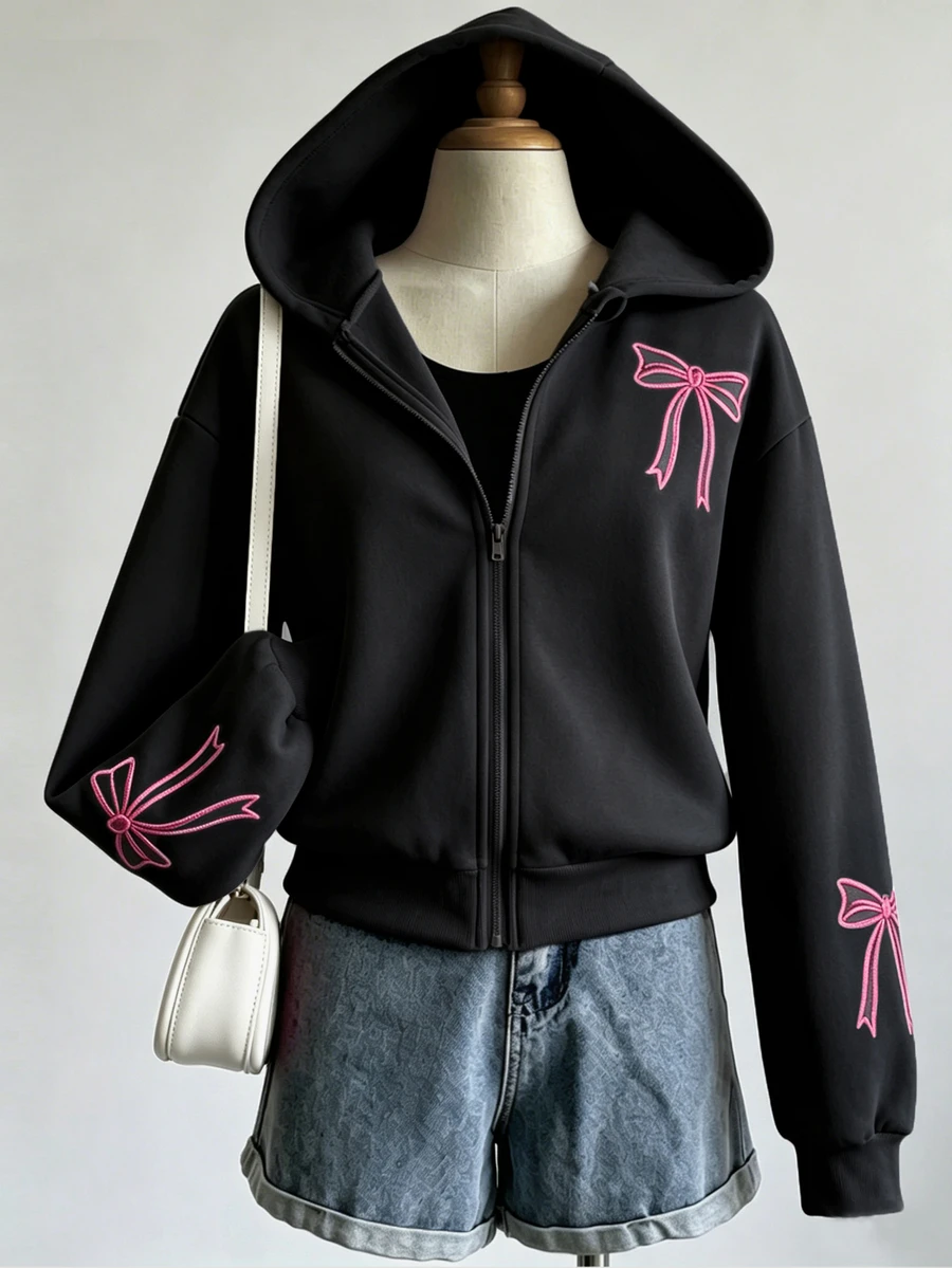 SHEIN Sparklyn 青少年女孩秋冬純色時尚蝴蝶結運動衫外套,舒適抓絨面料,時尚袖子設計,青春活力甜美女孩風 - 黑色 - 查看 1