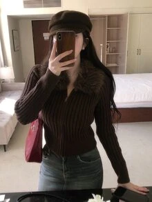 DAZY Women's Autumn/Winter Fur Collar Patchwork Open Front Short Sweater - Brown - View 2
