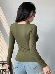 DAZY Women's Solid Color Square Neck Long Sleeve Slim Fit Casual T-Shirt - Army Green - View 6