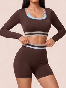 SHEIN BAE Women's Contrast Trim Long Sleeve Cropped Top & Shorts Fashion Sports Set - Coffee Brown - View 6