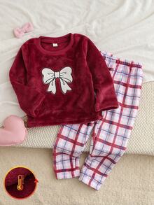 Genkimix Kids Girls' Plush Plaid Long Sleeve Top And Pants Casual Comfortable Soft 2 Pieces Lounge Wear Set Pajamas - Red - View 4