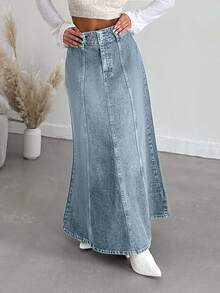 SHEIN PETITE Petite High Waist Casual Style Light Blue Wash Regular Fit Double Button Long Denim Skirt - Light Wash - View 5