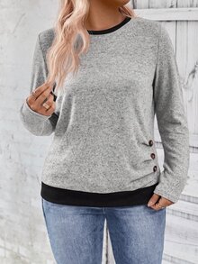 SHEIN LUNE 新款大尺碼女款時尚休閒圓領長袖T恤 - 灰色 - 查看 5