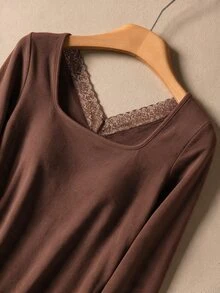Rusticease Middle-Aged Women's Contrast Lace Long Sleeve T-Shirt With Padded Chest - Brown - View 4