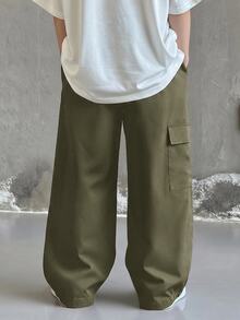 SHEIN Little Byeori 兒童青少年男孩休閒日常舒適工裝直筒寬鬆長褲，軍綠色工裝褲，新年，6-7歲適用，適合外出、約會、上學，春夏秋冬四季皆宜 - 軍綠色 - 查看 2