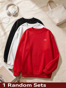 SHEIN 青少年女孩蝴蝶結印花圓領長袖運動衫 - 酒紅色 - 查看 1
