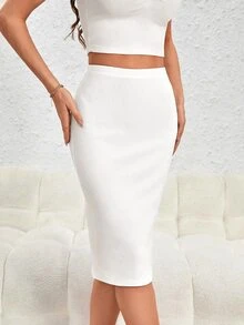 Firerie Women's Solid Color Back Zipper Design Elegant Pencil Skirt - White - View 2