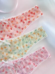 Nora Wilde Women's Heart Print Bow Decor Thong Panties 3-Piece Set - Multicolor - View 3