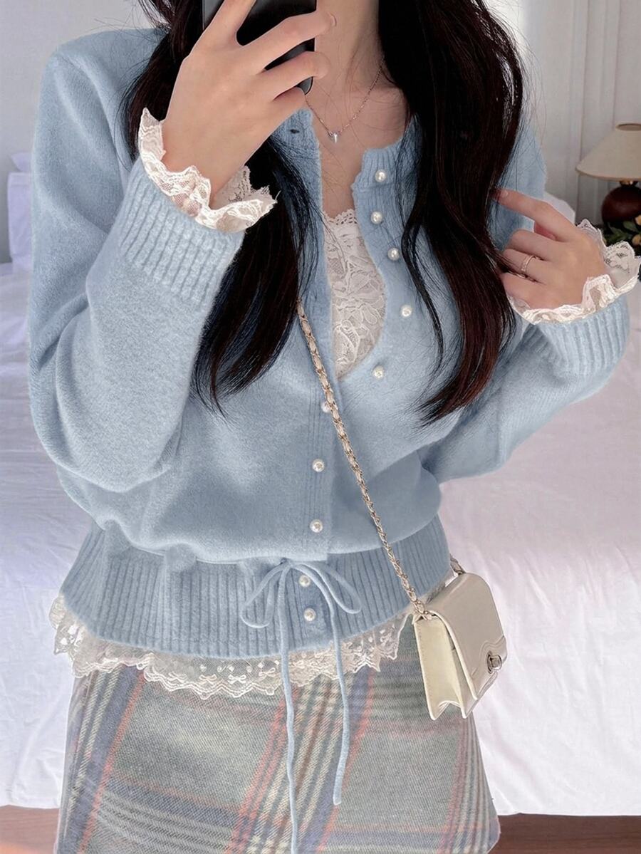 DAZY French Lace Patchwork Sweater Cardigan Women Autumn/Winter Thickened Slouchy Jacket Top Open Front - Blue - View 1