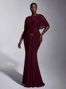 Elitara Plus Size Elegant Luxurious Off-Shoulder Elastic Knit Mesh Ruched Mermaid Skirt, Suitable For Wedding, Event, Bachelorette Party, Vacation, Ball, Evening Dress - Burgundy - View 4