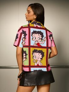 Betty Boop x SHEIN Women's Cartoon Pattern Short Sleeve Single-Breasted Shirt - Black - View 2