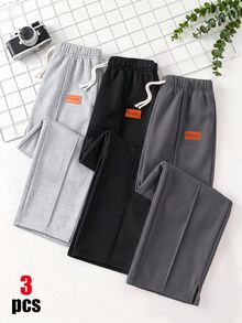 SHEIN 3件組青少年男孩休閒可愛日常舒適經典三色寬鬆直筒運動長褲套裝，買2送1，適合外出、學校、日常聚會，秋冬開學季 - 彩色 - 查看 5