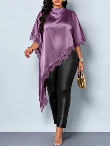 SOLERSUN Plus Size Women's Satin Lace Trim Asymmetric Blouse, Suitable For Dinner Parties And Shopping - Purple - View 2