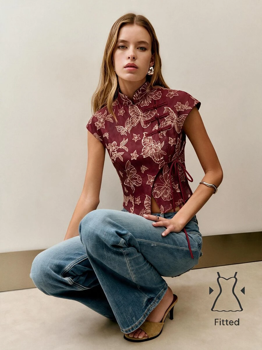 Nöista Women's New Chinese Style Short Top With Slanted Collar And Stand-Up Collar - Burgundy - View 1