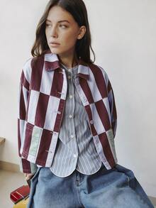 Nöista Chaqueta de mezclilla con cierre de botones delantero y cuello estampado - Burdeos - Ver 7