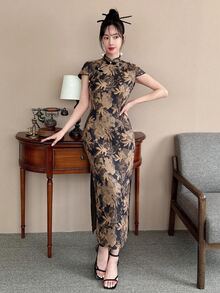 EastFlair Black Gold Neo-Chinese Style Chinese National Style Retro Cheongsam Dress - Black and Gold - View 2