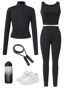 Setelan untuk Remaja Perempuan: Atasan Tank Top Tanpa Lengan Leher Bulat Warna Polos Dipadukan dengan Celana Panjang Slim Fit yang Nyaman dan Jaket Lengan Panjang - Hitam - View 1