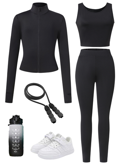 Teen Girl Solid Color Round Neck Sleeveless Tank Top Paired With Slim Fit Comfortable Long Pants And Long Sleeve Jacket Set
