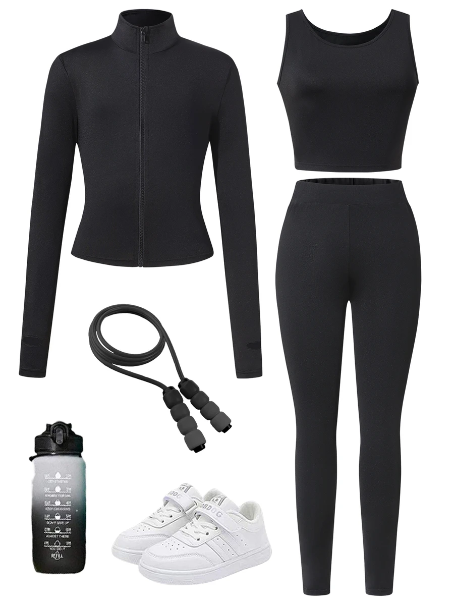 Setelan untuk Remaja Perempuan: Atasan Tank Top Tanpa Lengan Leher Bulat Warna Polos Dipadukan dengan Celana Panjang Slim Fit yang Nyaman dan Jaket Lengan Panjang - Hitam - View 1
