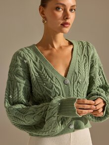 CLARA VERO كارديجان قصير أخضر مزين بخرز اللؤلؤ، ملابس شارع أو مناسبات احتفالية، ياقة على شكل حرف V، أكمام منتفخة، مضلع قصير - أخضر نعناع - مشاهدة 5