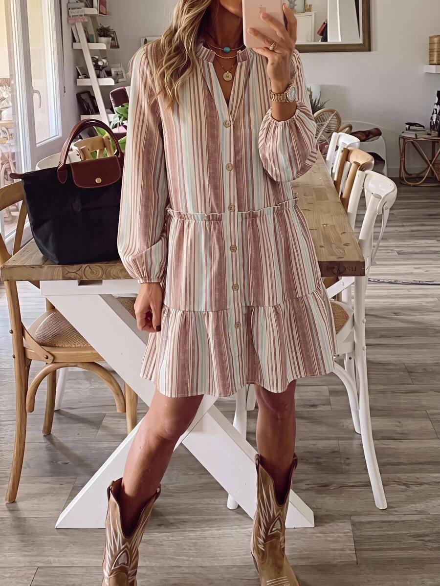 Brillora Women's Striped Single-Breasted Ruffle Hem Lantern Sleeve Casual Short Dress - Brown - View 1