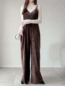 FRIFUL Women's Autumn Solid Color Velvet Bowknot Decor Jumpsuit - Coffee Brown - View 4