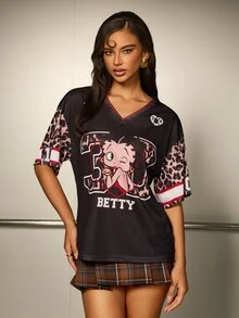 Betty Boop x SHEIN Women's Letter Cartoon Print Casual Daily Short Sleeve T-Shirt - Black - View 3