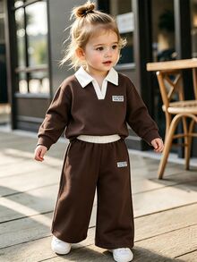 Baby Girl Casual Preppy 2 Pieces Set, Autumn Minimalist Brown Long Sleeve Polo Collar Top & Wide Leg - Brown - View 1
