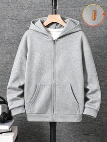 SHEIN 兒童 1 件大童男孩灰色連帽冬季開襟衫 寬鬆版型 秋季休閒都市運動學院風復古貼袋 開學日常穿搭 - 淺灰色 - 查看 3