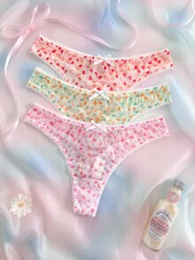 Nora Wilde Women's Heart Print Bow Decor Thong Panties 3-Piece Set - Multicolor - View 1