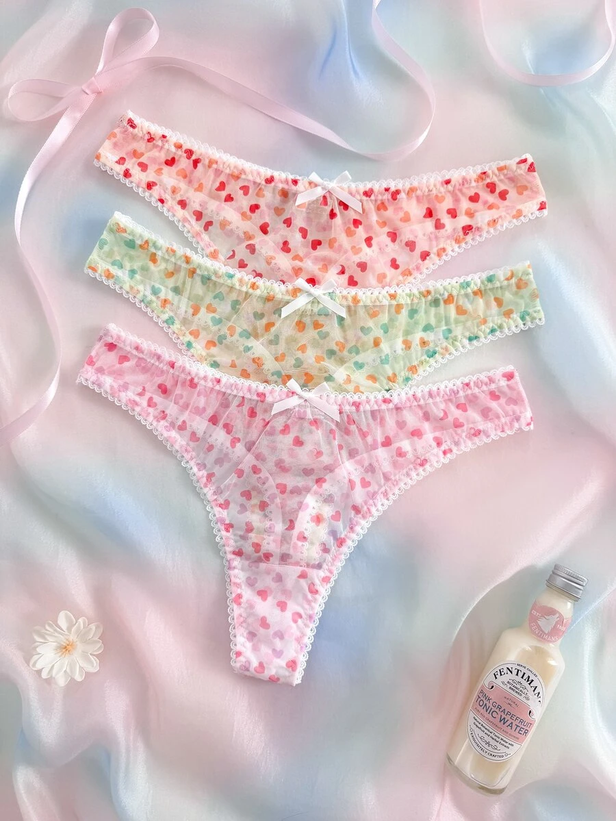 Nora Wilde Women's Heart Print Bow Decor Thong Panties 3-Piece Set - Multicolor - View 1