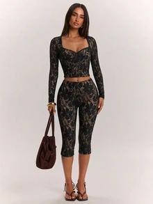 SHEIN BAE Autumn/Winter Solid Color Square Neck Long Sleeve Women's Lace Top & Lace Pants 2 Pieces Set, Elegant Outfit - Black - View 1
